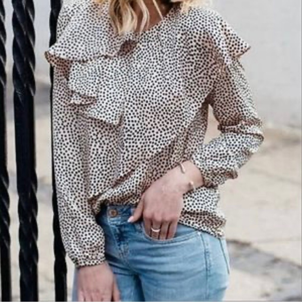 Pink Leopard Asymmetric Ruffle Blouse Size M Long Sleeve Polka Dot Pink Black